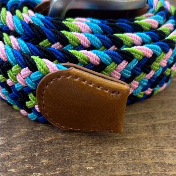 Men's Multicolor Braided Elastic Belt with Brown Leather Trim - Picture 2 of 3